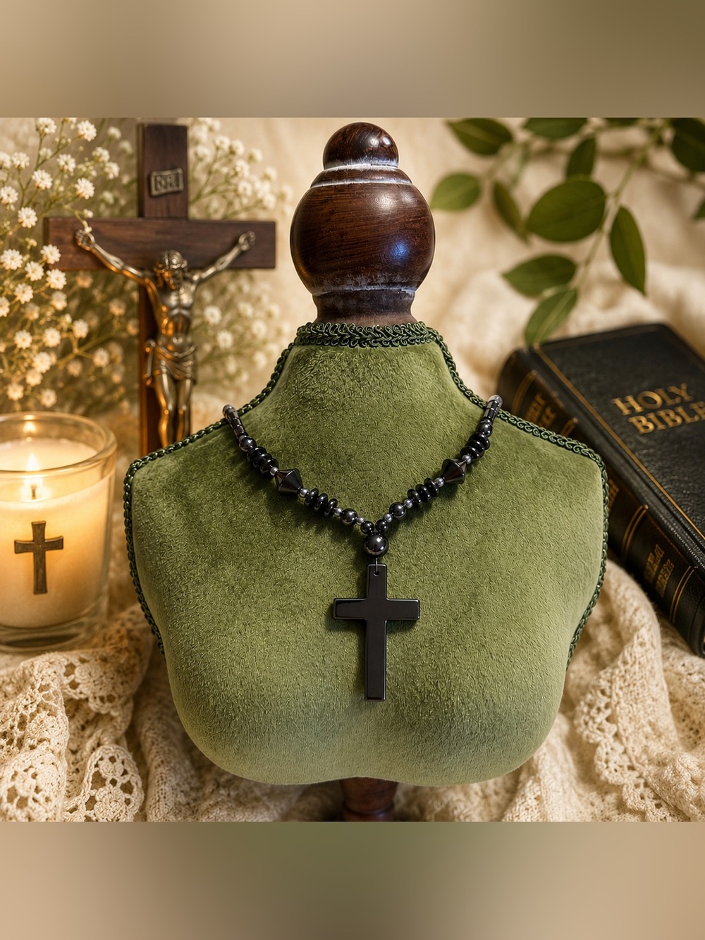 Black Hematite Cross Pendant Necklace Beaded Christian Devotional Gothic Unisex